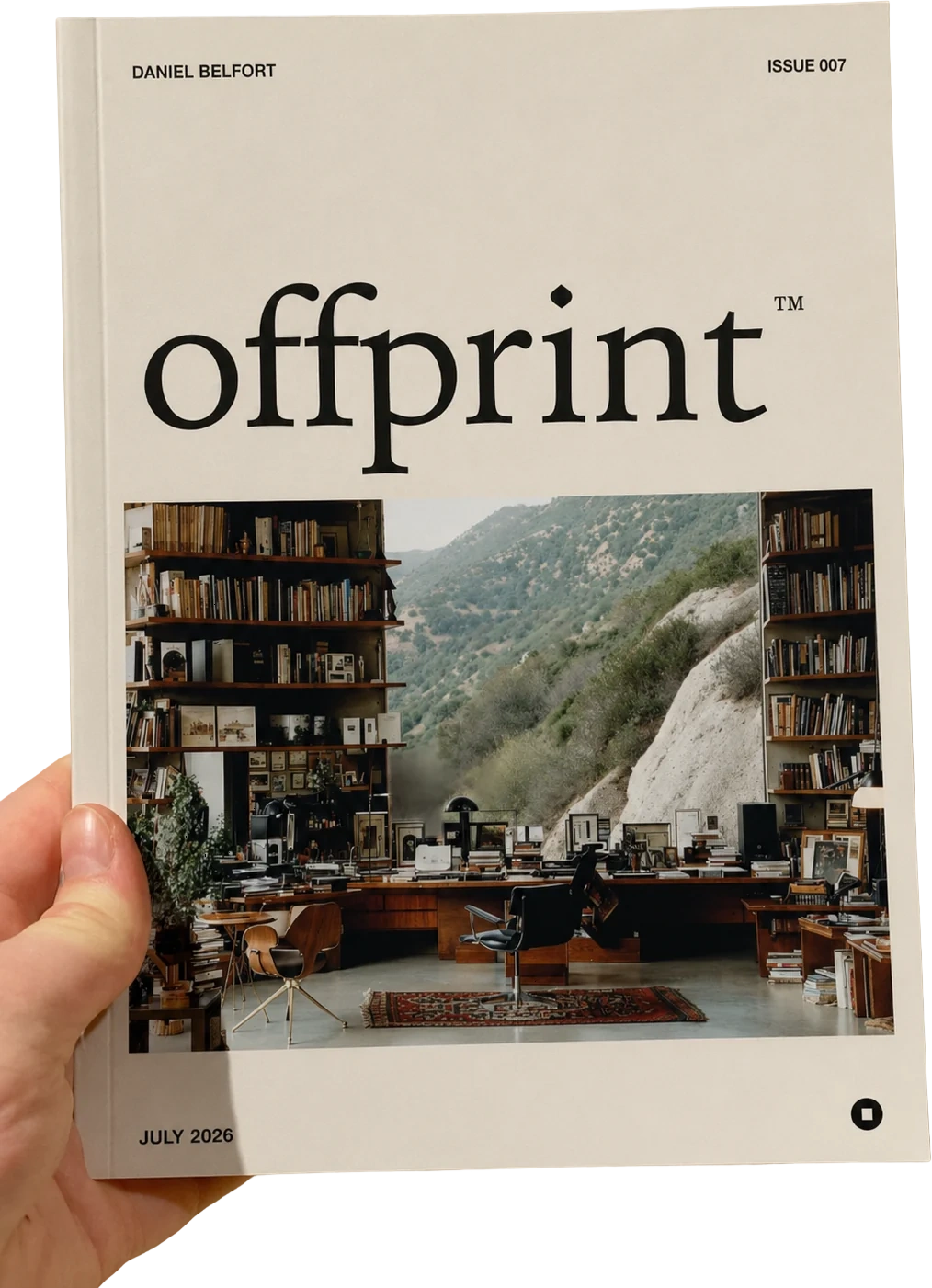 A hand holding a printed Offprint magazine