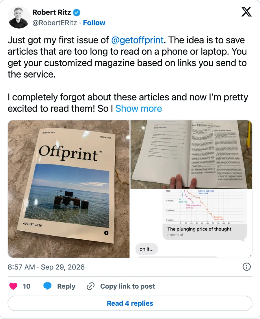 Just got my first issue of @getoffprint. The idea is to save articles that are too long to read on a phone or laptop. You get your customized magazine based on links you send to the service. I completely forgot about these articles and now I’m pretty excited to read them! So I guess it’s working?
