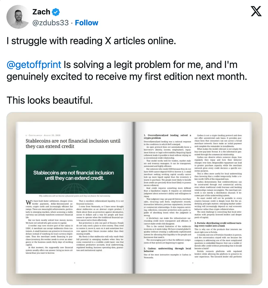 I struggle with reading X articles online. @getoffprint Is solving a legit problem for me, and I'm genuinely excited to receive my first edition next month. This looks beautiful.